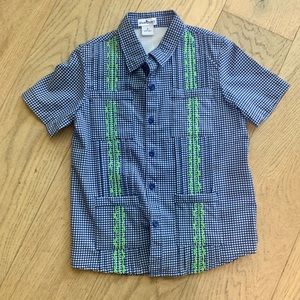 Blue Quail Clothing Co. guayabera shirt in navy & white check w/green embroidery